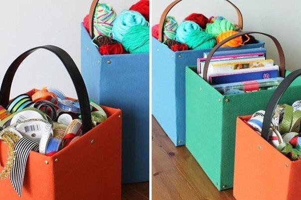 Decoupage cardboard boxes with recycled belts for storage