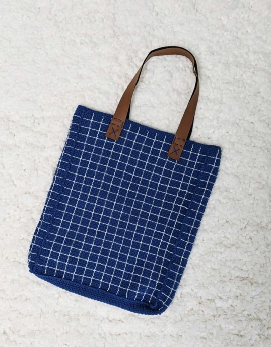 Simple Grid Tote Bag With Leather Straps