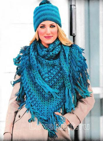 ​Crochet Green and Blue Shawl and Hat