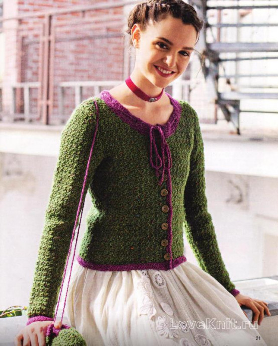 ​Crochet Green Jacket with Pink Fringe