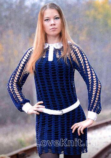 ​Crochet  Blue Dress with Fancy Collar