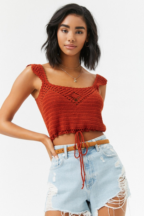 Brick-Red Crochet Crop Top