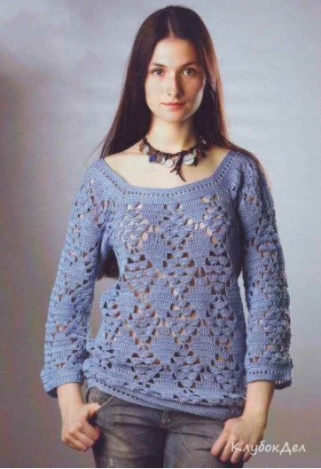 ​Blue Crochet Pullover with Relief Rhombs