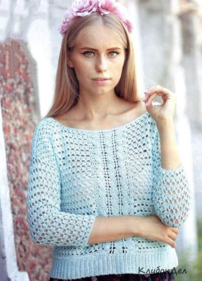 ​Crochet Mint Pullover with Cables