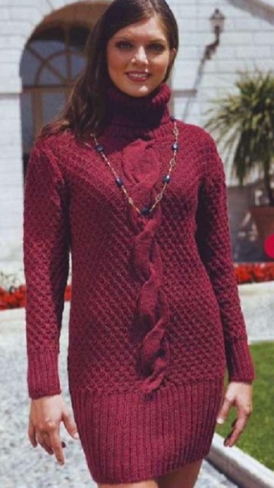​Knit Red Dress with Cable