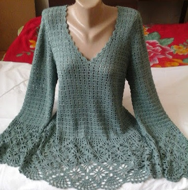 Crochet Blouse with Lace Sleeves