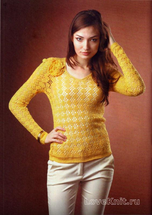 ​Yellow Crochet Pullover with Flower Brooch