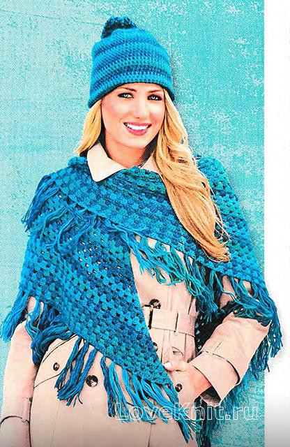 ​Crochet Green and Blue Shawl and Hat