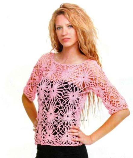 ​Relief Crochet Blouse with Flower Motifs