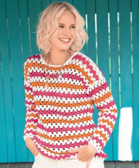 ​Bright Crochet Pullover with Relief Stripes