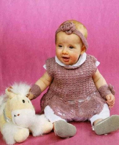 ​Crochet Dress, Head-Band and Mittens for Baby Girl