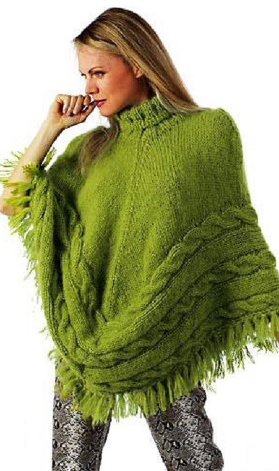 ​Olive Poncho with Cables