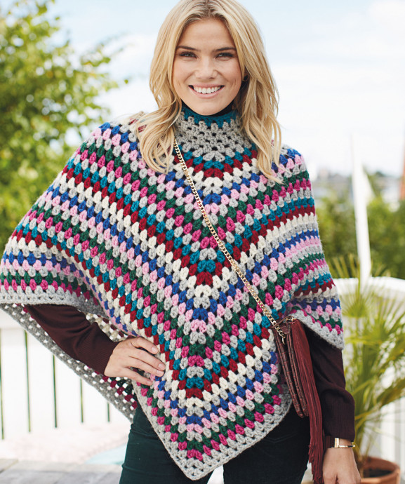 Granny Square Imitation Crochet Poncho