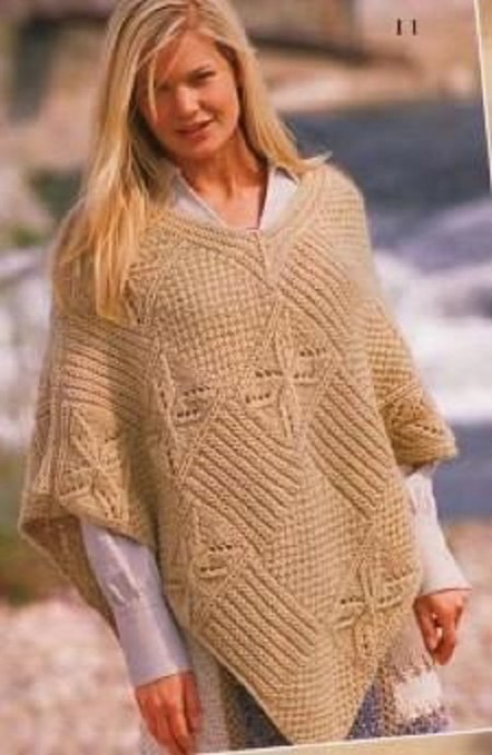 ​Beige Poncho with Square Motifs