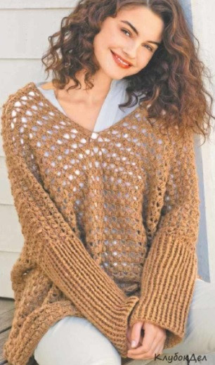 ​Crochet Brown Pullover with Wide Sleeve