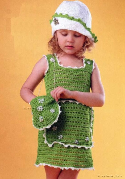​Green Set of Dress, Bag and Hat for Girl