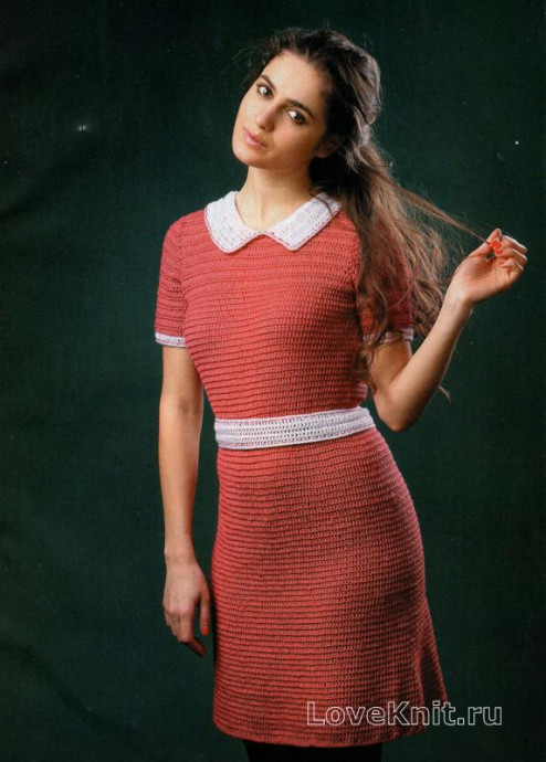 ​Crochet Red Dress with White Collar