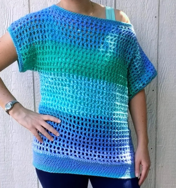 Crochet Blue and Green Pullover