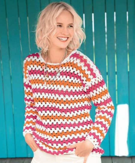 Step-by-Step Guide: Crochet Pullover Pattern with White, Orange, and Bright-Pink Bandana Yarn Step-by-Step Guide: Crochet Pullover Pattern with White, Orange, and Bright-Pink Bandana Yarn