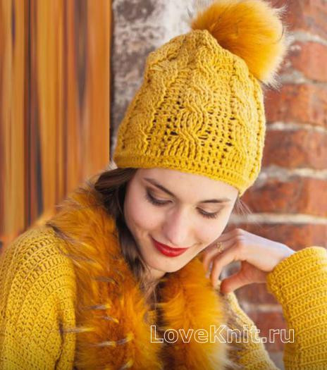 ​Crochet Yellow Hat with Fur Pompom