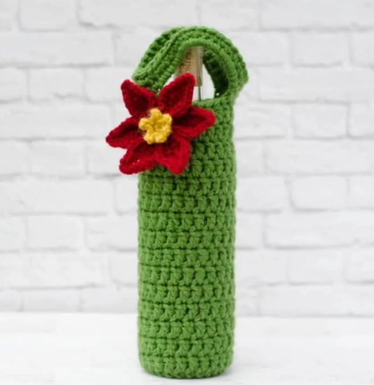 Crochet Bottle Cozy with Poinsettia
