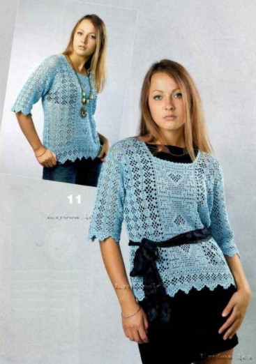 ​Blue Crochet Pullover with Hearts