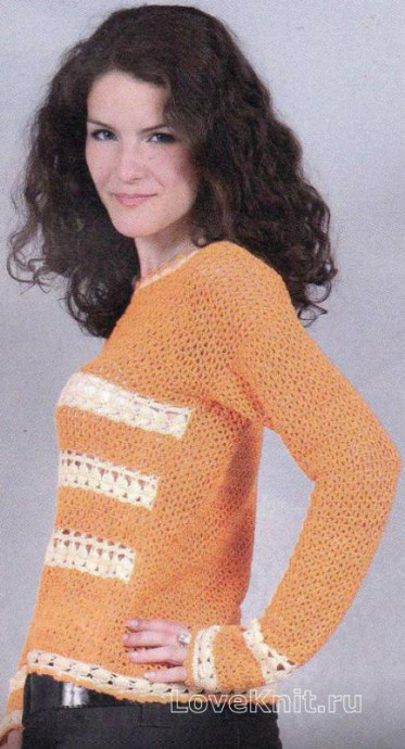 ​Crochet Orange Pullover with White Fringe