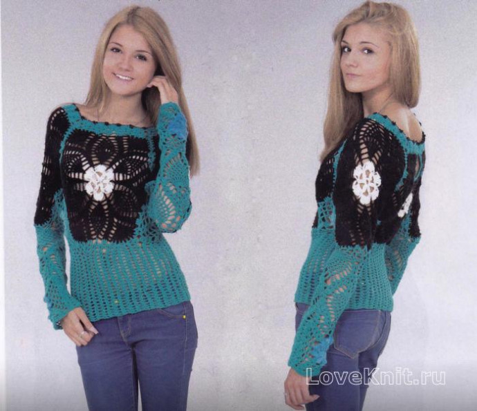 ​Crochet Blue Pullover with Relief Elements