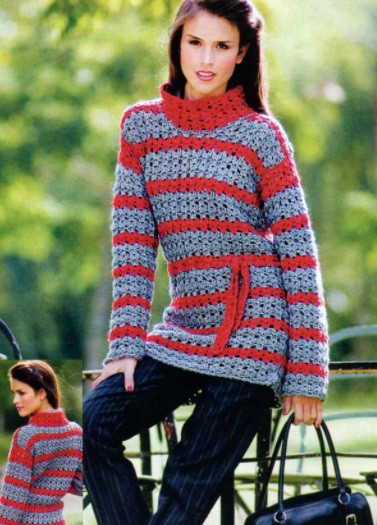 ​Grey and Red Crochet Pullover