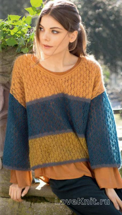 Essential Knitting Instructions for a Beautiful Garment with Blue, Curry, and Apricot Yarn
