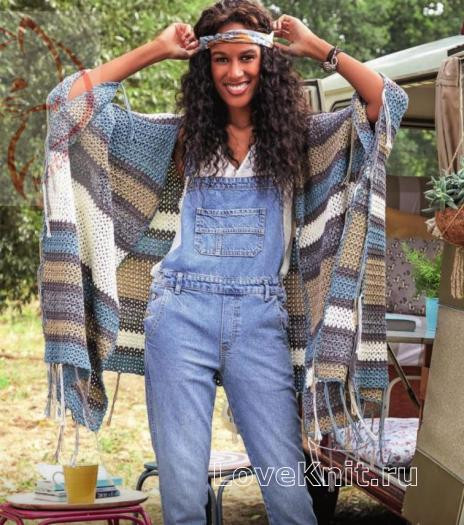 Striped Crochet Poncho with Fringe