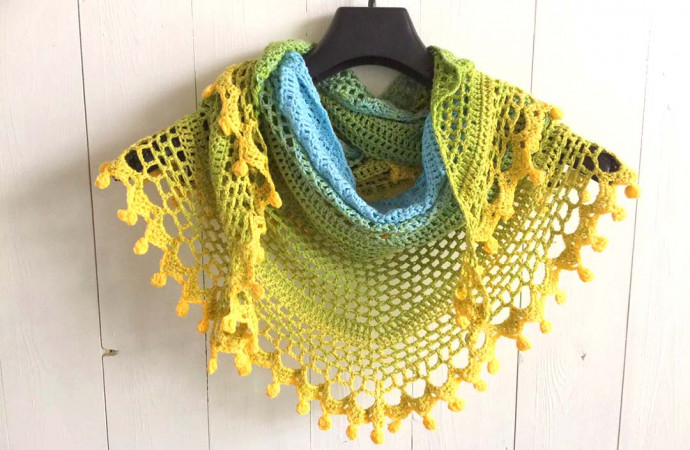 ​Rainbow Crochet Shawl with Pompoms Border