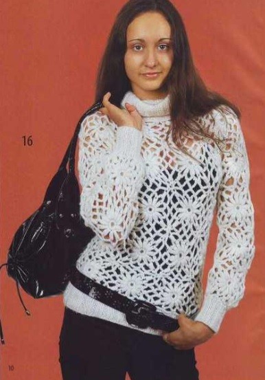 ​Crochet Pullover with Flower Motifs