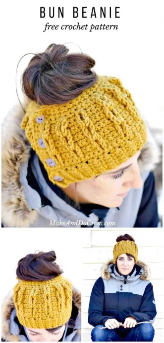 Free Crochet Faux Cabled Bun Beanie Pattern: