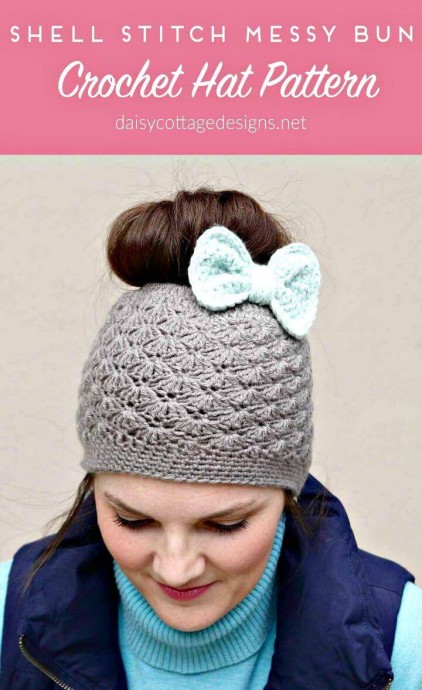 Free Crochet Shell Stitch Messy Bun Hat Pattern: