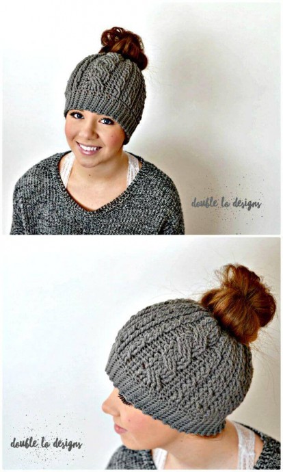 Free Crochet Cabled Messy Bun Hat Pattern: