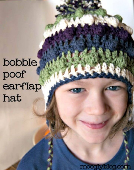 Crochet Bobble Poof Ear-Flap Hat Pattern: