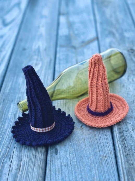 Enchanting Crochet Witch Hat Wine Bottle Toppers for Your Halloween Celebration Enchanting Crochet Witch Hat Wine Bottle Toppers for Your Halloween Celebration