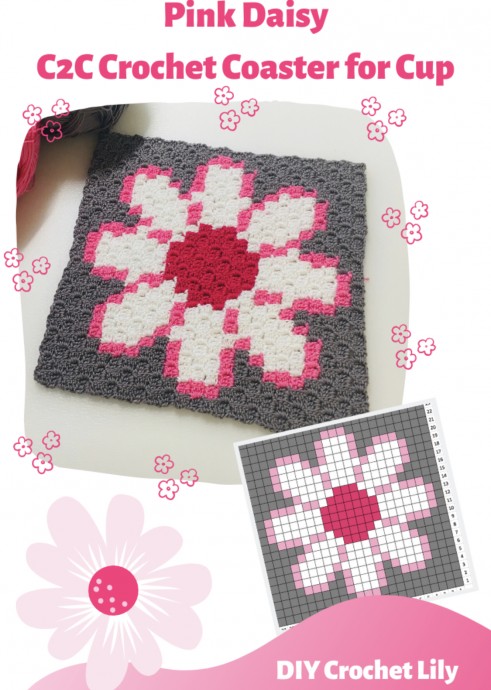 Pink Daisy C2C Crochet Cup Coaster (Free Pattern)