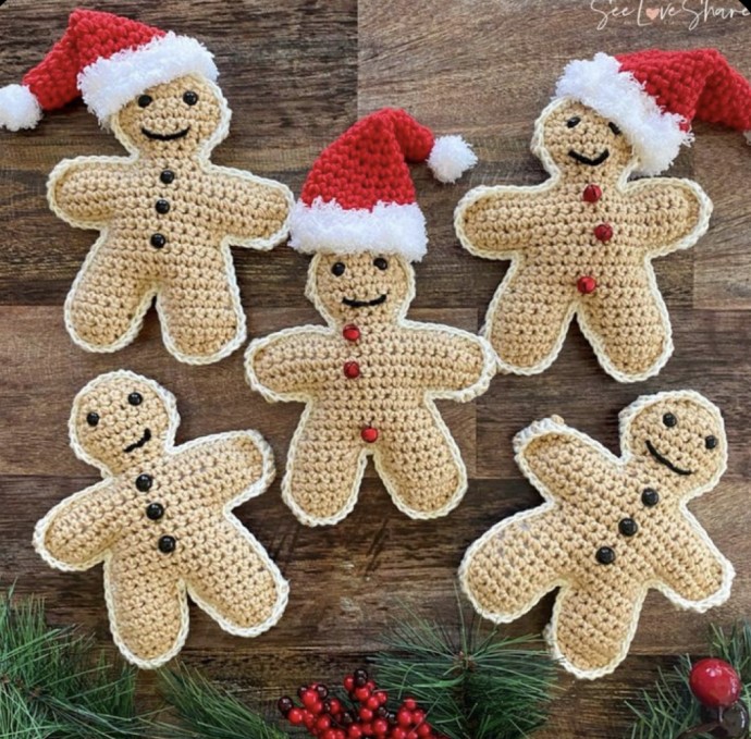 Crochet Gingerbread Man Stuffy Ornament / Garland With Bonus Mini Santa Hat