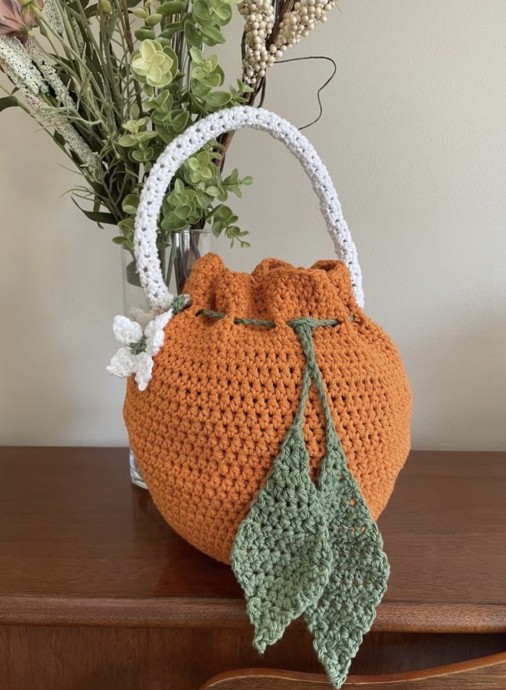 Crochet Orange Drawstring Bag