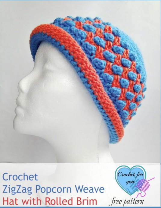 ZigZag Popcorn Weave Hat with Rolled Brim