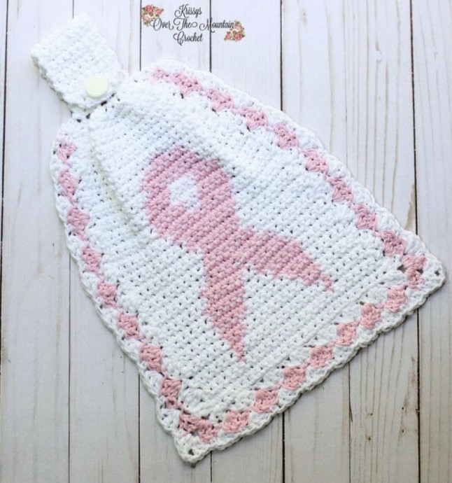 Craft a Unique Towel with a Buttoned Topper Featuring a Handmade Crochet Cancer Ribbon Design Craft a Unique Towel with a Buttoned Topper Featuring a Handmade Crochet Cancer Ribbon Design