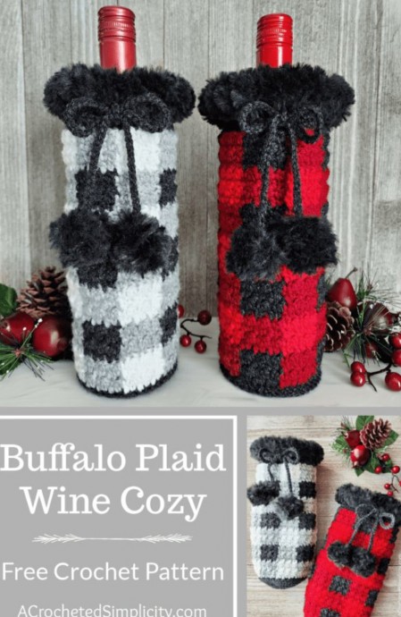 Crochet Buffalo Plaid Wine Cozy