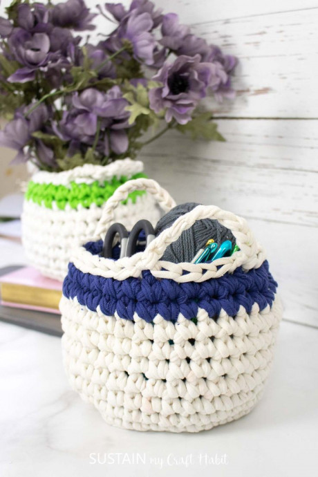 Create Your Own Handmade Crochet T-Shirt Yarn Basket with Handles for Stylish Home Storage