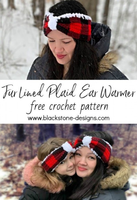 Crochet Fur Lined Plaid Ear Warmer (Free Pattern)