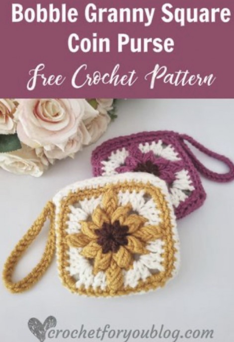 Crochet Bobble Granny Square Coin Purse Free Pattern