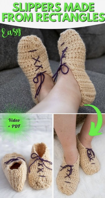 Easy Crochet Slippers Made from a Rectangle with Shoe Laces