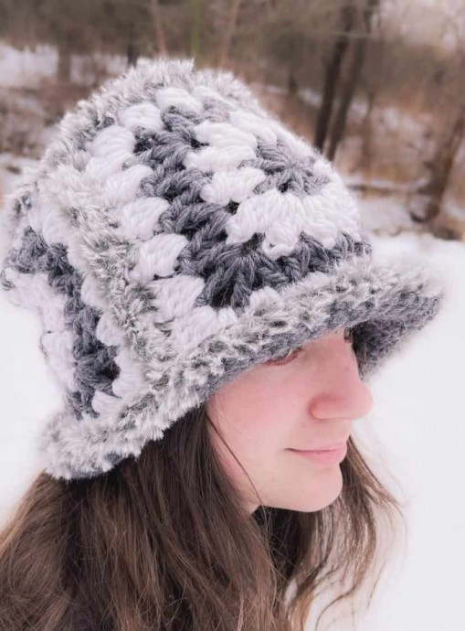 Crochet Granny Square Bucket Hat with Fur Trim