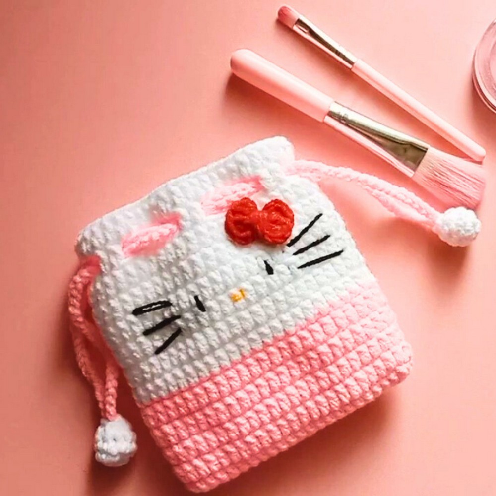 Crochet Hello Kitty Drawstring Bag
